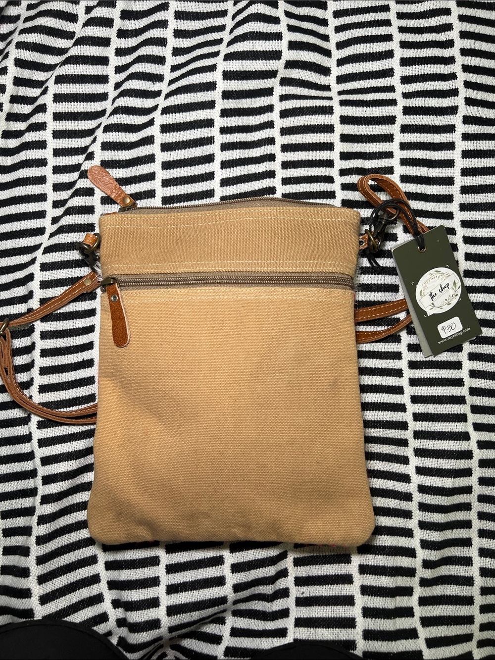 Myra Bag Hot Pink Aztec Crossbody with Gray Haircalf Trim and Brown Strap - Picture 4 of 6